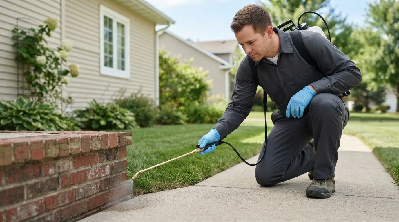 Pest control technician treating a home near Mccutchenville, OH