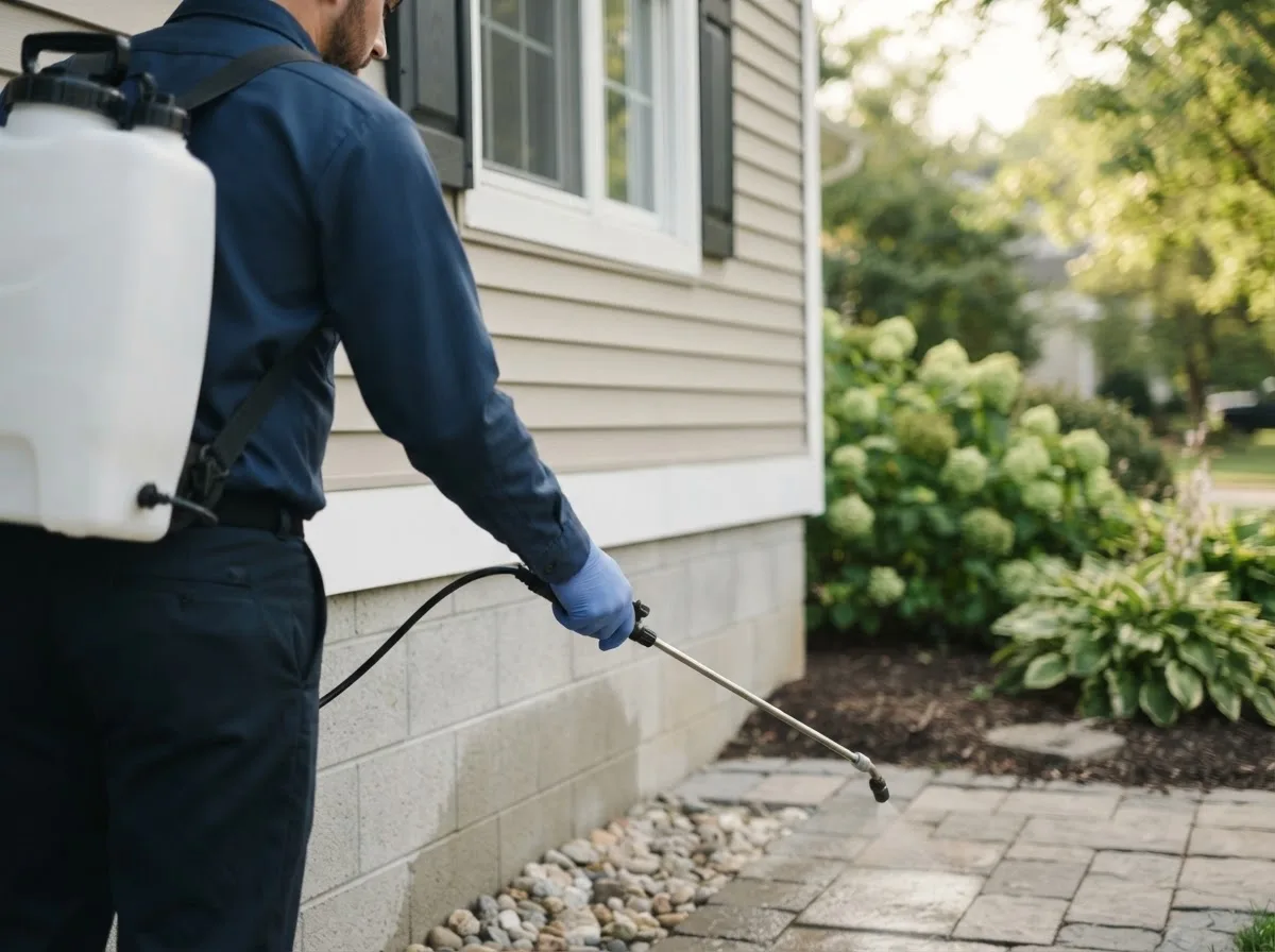Pest control technician inspecting a home in Mccutchenville, OH